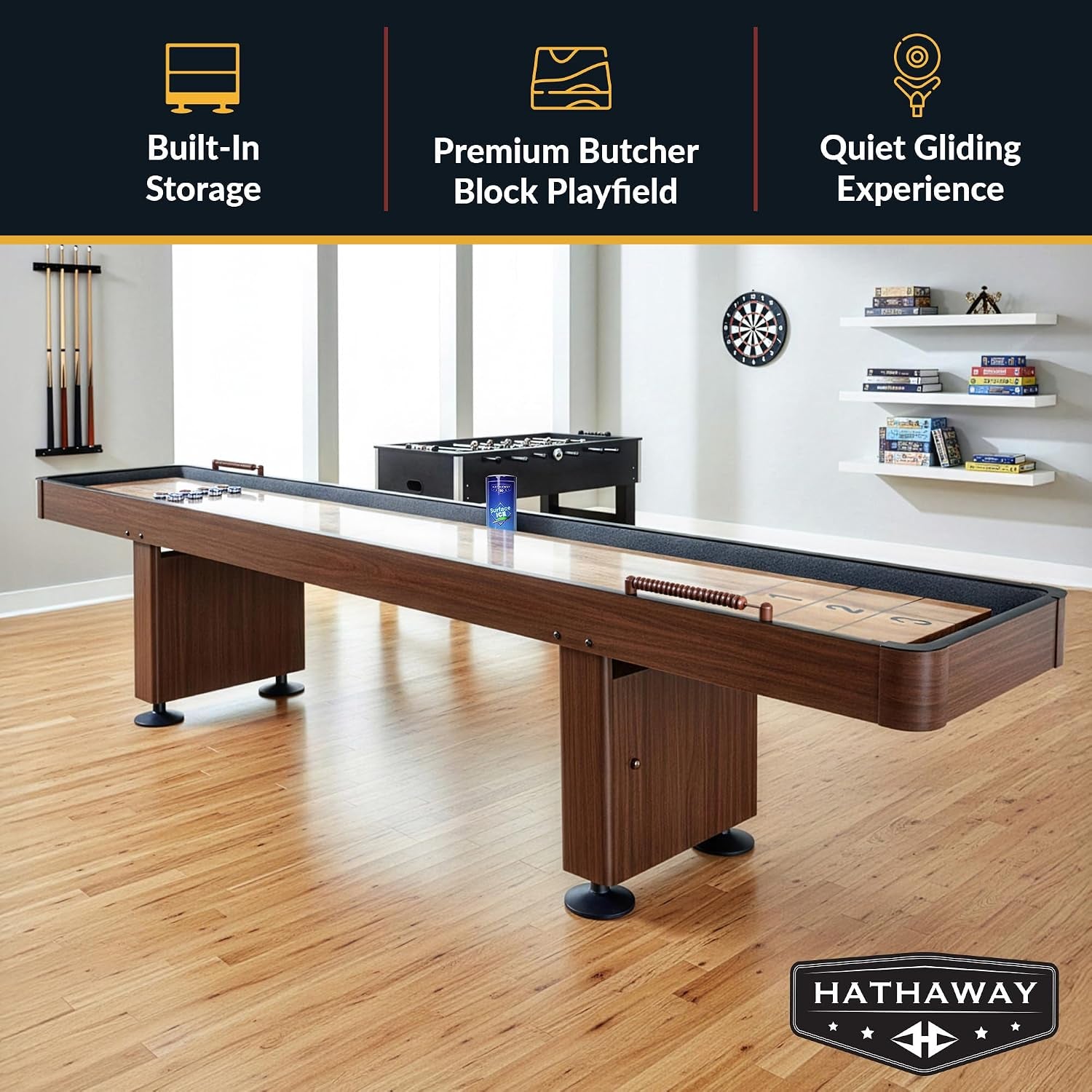 Challenger 12-ft Shuffleboard Table - Premium Walnut Finish with Built-In Scoring, Climate Adjusters, and Complete Accessory Set for Endless Family Fun