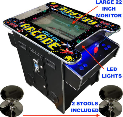 Commercial Grade Full Size Cocktail Arcade Machine for 2 Players with 60 Retro Games, 22" LCD Screen, Tempered Glass, Includes 2 Stools, 5-Year Warranty, Black Finish