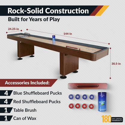 Challenger 12-ft Shuffleboard Table - Premium Walnut Finish with Built-In Scoring, Climate Adjusters, and Complete Accessory Set for Endless Family Fun