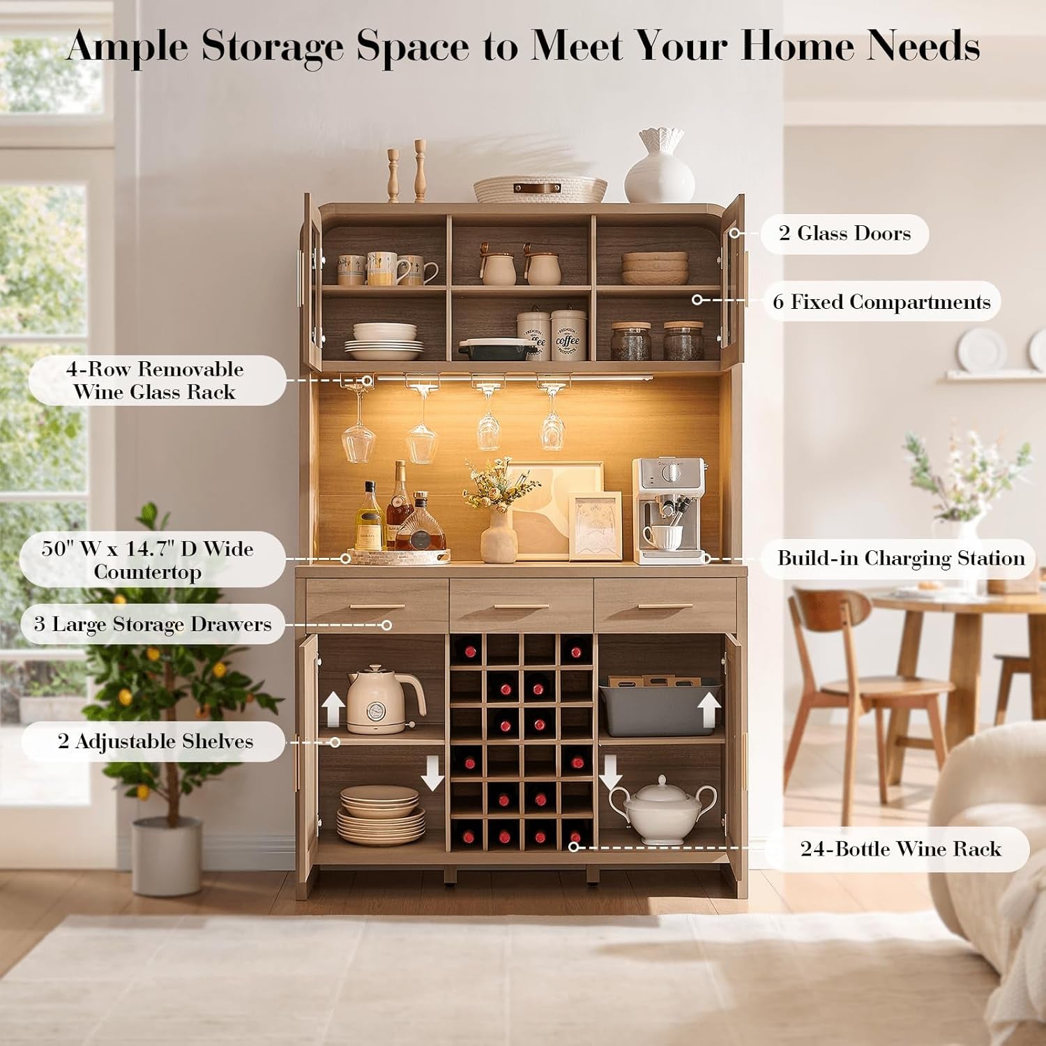 77" Tall Coffee Bar Cabinet with Storage and Wine Rack, Wine Cabinet for Dining Room Home with LED Lighting & Charging Station, Bar Cabinets for Kitchenwith Glass Holders, Oak