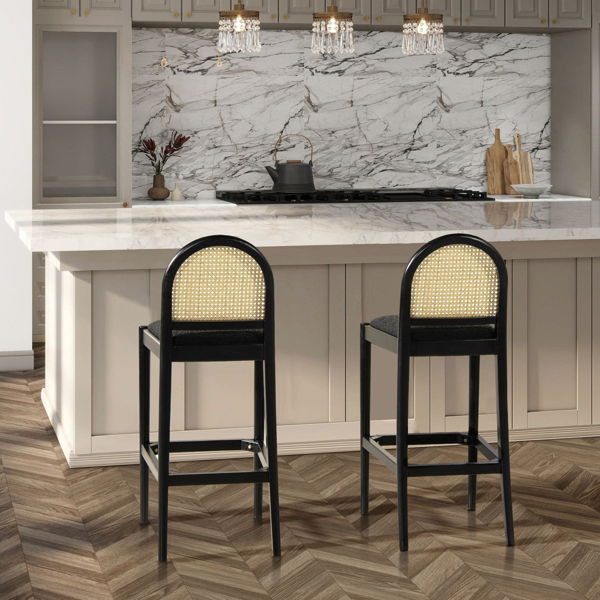 Curved Back Cane Bar Stools with Natural Cane Webbing - Black or White