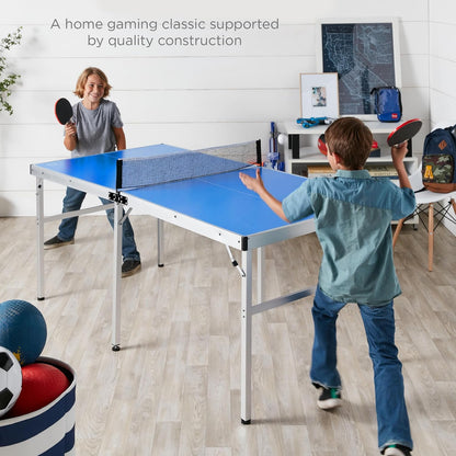 Portable Ping Pong Table, Mid-Size Folding Indoor Outdoor Table Tennis W/ 2 Paddles, 4 Balls Included, Carrying Bag