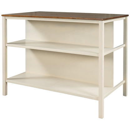 Rustic 3 Piece Stationary Kitchen Island Set with 2 Open Shelves - Light Brown