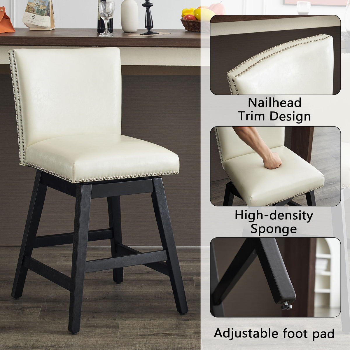 Upholstered Swivel Bar Stools High Back Set of 2 with 360° Swivel - Cream White