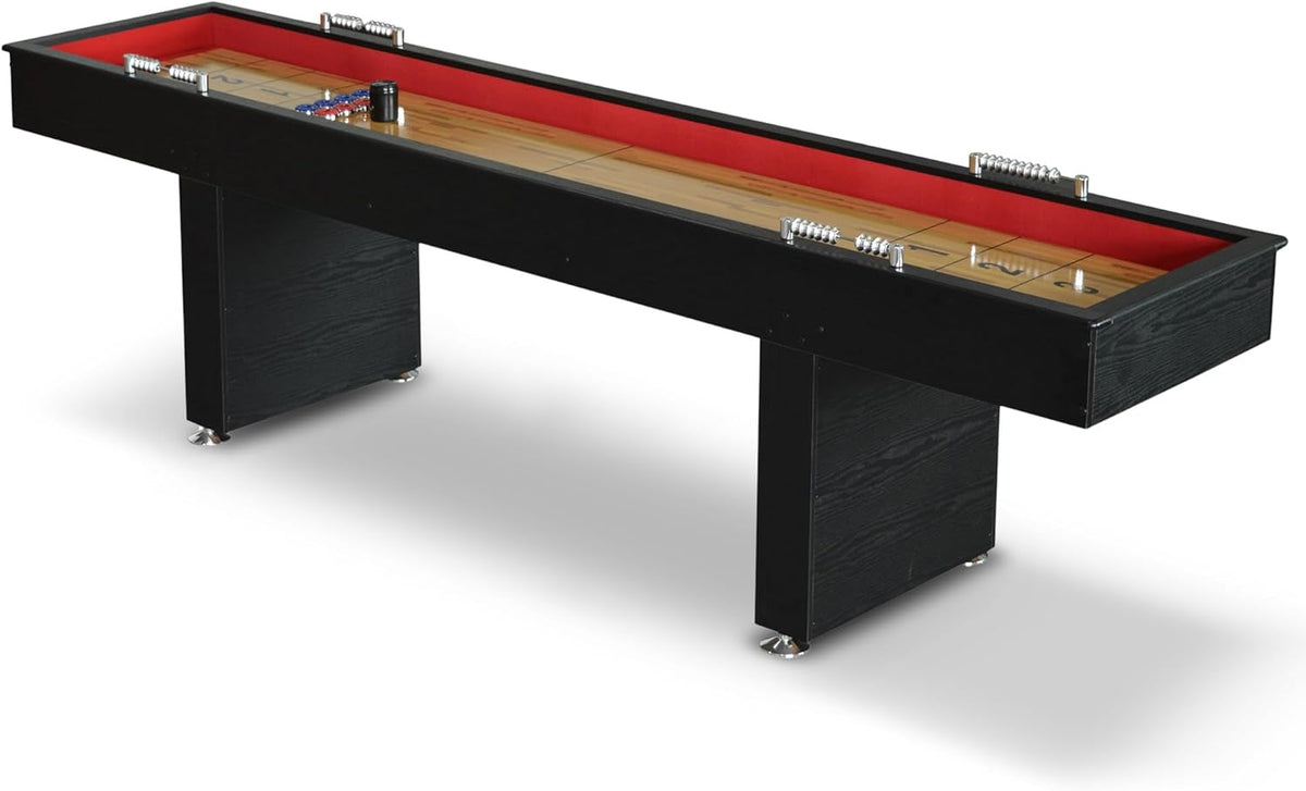 Avenger 9-Foot Shuffleboard Table for Family Game Rooms – Poly-Coated Playfield, Integrated Scoring System, Carpeted Gutters, Includes 8 Pucks, Brush, and Wax – Black Finish
