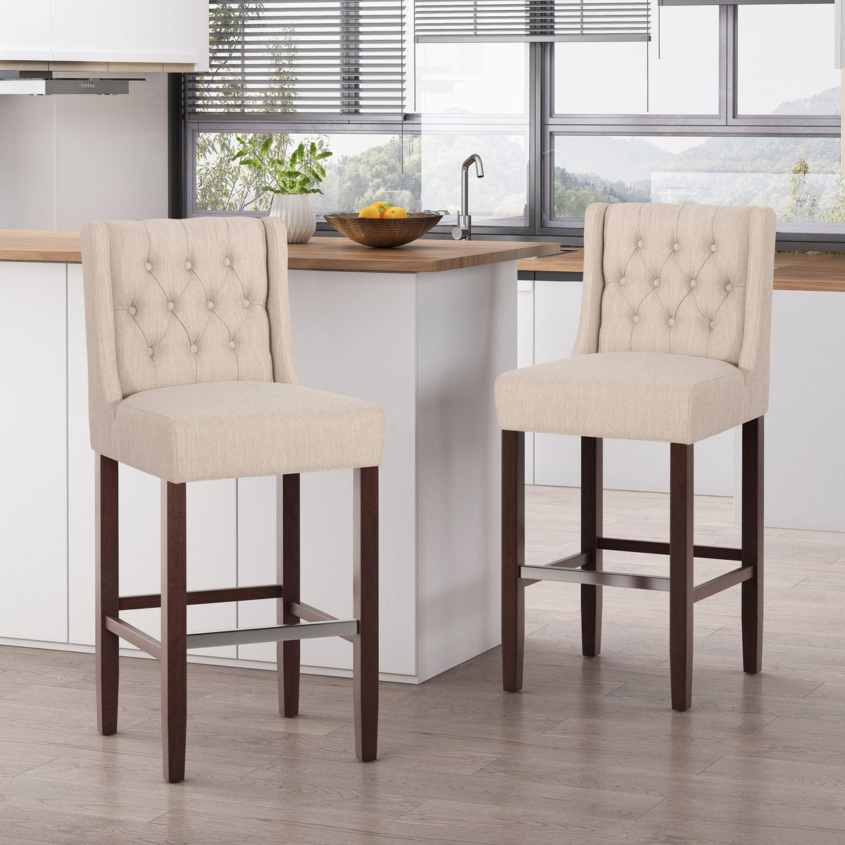 Upholstered Barstool with Button Tufted Wing Back - Multiple Colors