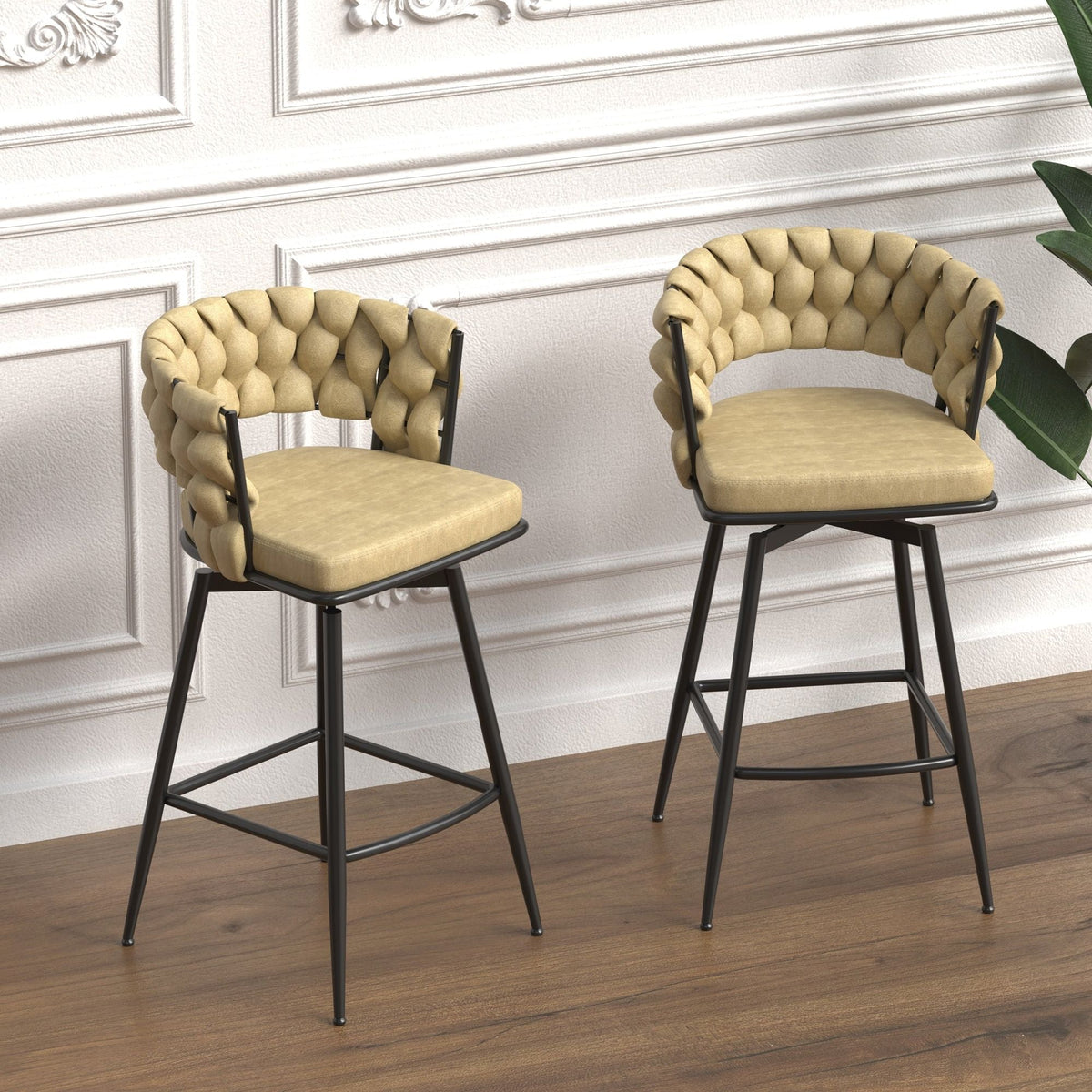 Bar Stool 360 Swivel with Back Footrest - Upholstered, Set of 2