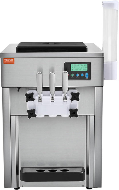 Commercial Ice Cream Machine, 21 QT/H Soft Serve Ice Cream Maker with LCD Panel Auto Clean 3-Flavor Pre-Cooling for Restaurant Snack Bar