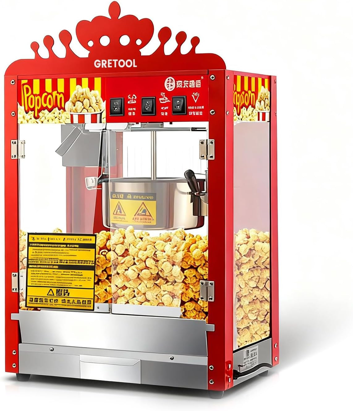 Crown Style,Commercial Popcorn Machine, 8 Ounce Kettle, 1400W, Theater Style, Family Style, with 3 Wwitch Controls, Steel Frame Tempered Glass Door, 1 Spoon, Red