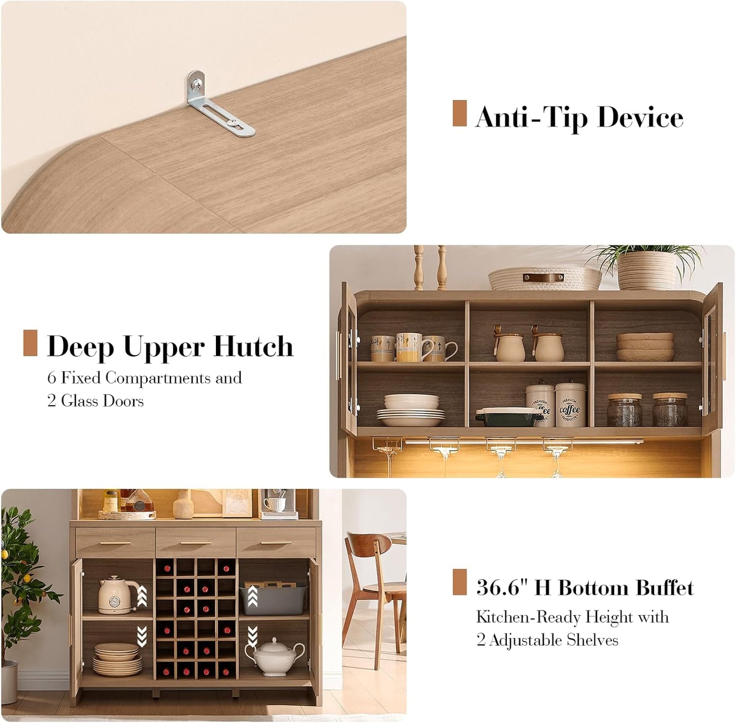 77" Tall Coffee Bar Cabinet with Storage and Wine Rack, Wine Cabinet for Dining Room Home with LED Lighting & Charging Station, Bar Cabinets for Kitchenwith Glass Holders, Oak