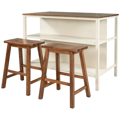 Rustic 3 Piece Stationary Kitchen Island Set with 2 Open Shelves - Light Brown
