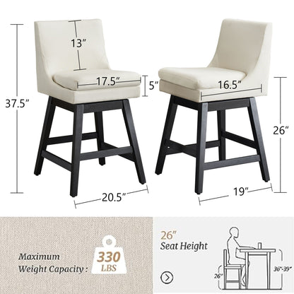 Upholstered Swivel Bar Stools with Ergonomic Design - Cream White (Set of 2)