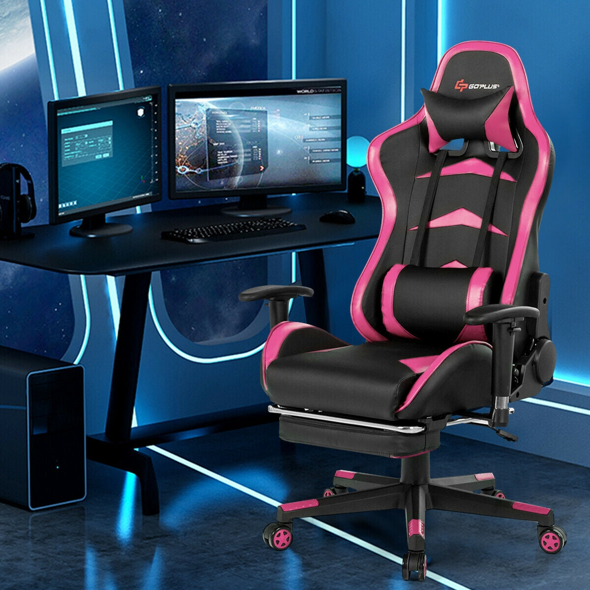 Premium Massage Gaming Chair with Retractable Footrest & Lumbar Support