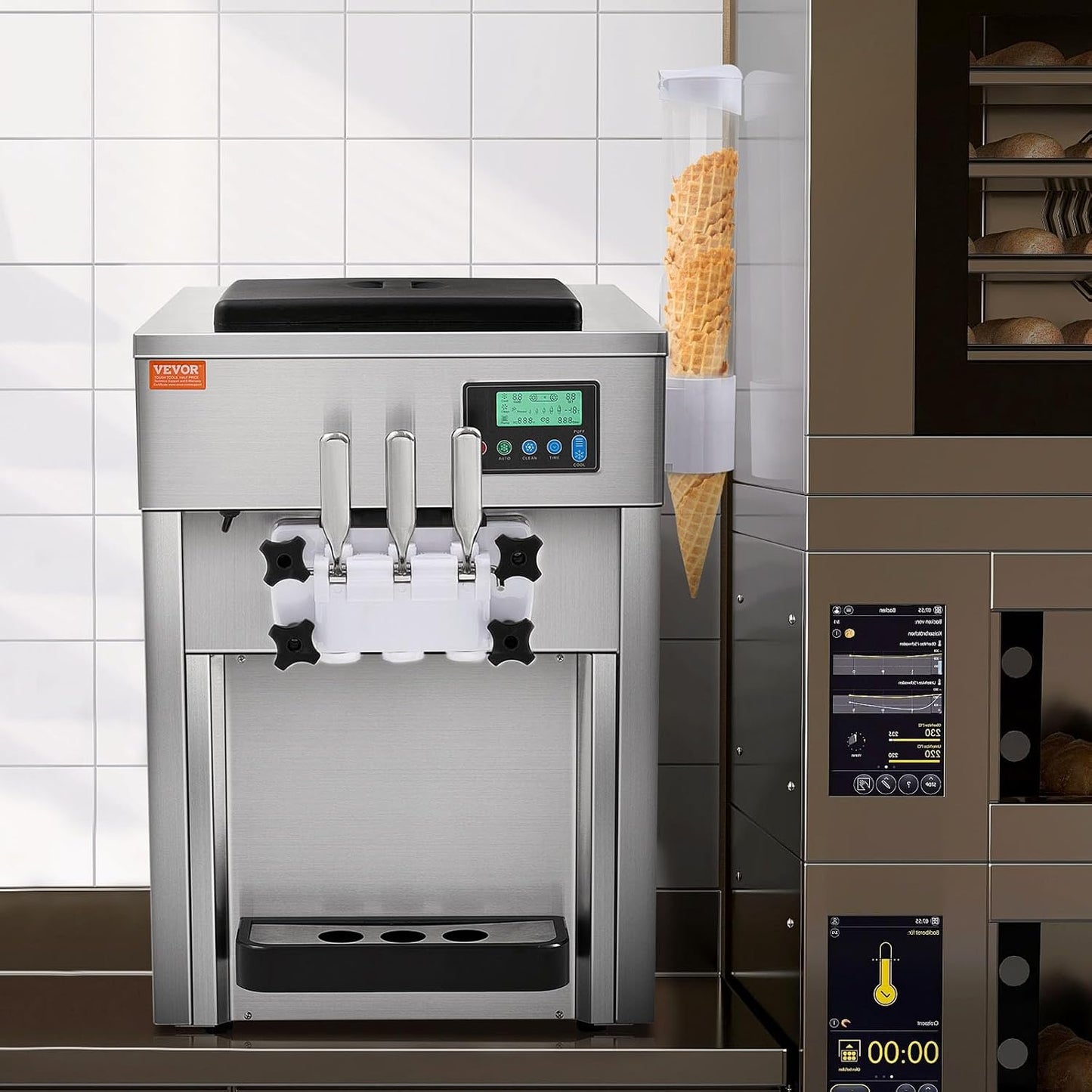 Commercial Ice Cream Machine, 21 QT/H Soft Serve Ice Cream Maker with LCD Panel Auto Clean 3-Flavor Pre-Cooling for Restaurant Snack Bar