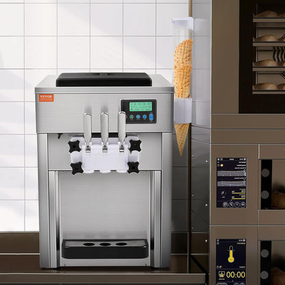 Commercial Ice Cream Machine, 21 QT/H Soft Serve Ice Cream Maker with LCD Panel Auto Clean 3-Flavor Pre-Cooling for Restaurant Snack Bar