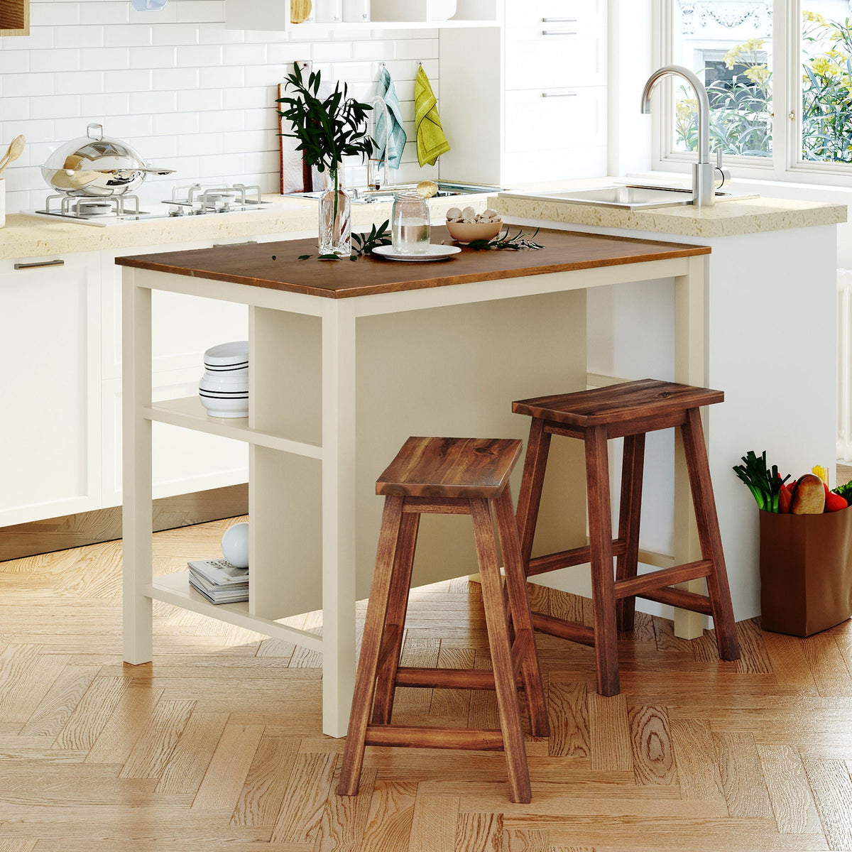 Rustic 3 Piece Stationary Kitchen Island Set with 2 Open Shelves - Light Brown
