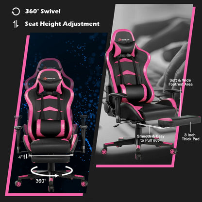 Premium Massage Gaming Chair with Retractable Footrest & Lumbar Support