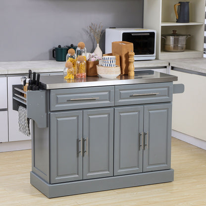 Rolling Kitchen Island with Stainless Steel Top and Ample Storage - Gray or White