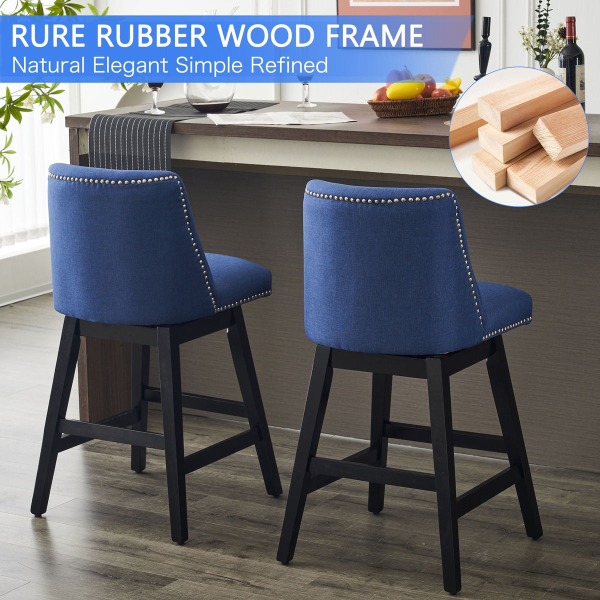 Upholstered Swivel Bar Stool Set with High Back and 360° Rotation - Blue or Dark Gray