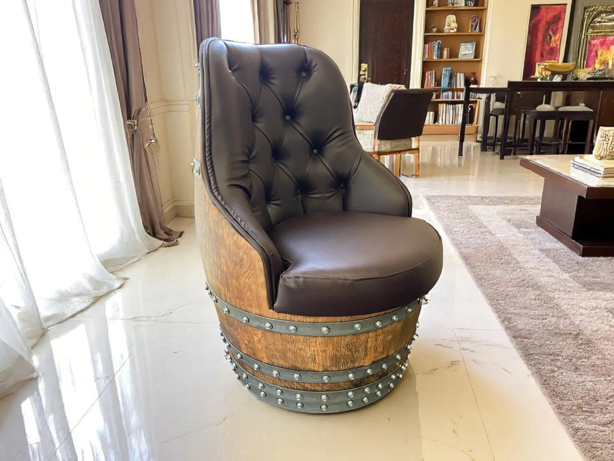 Luxury Whiskey & Wine Barrel Captain Chair — Memory Foam, Brown Upholstery
