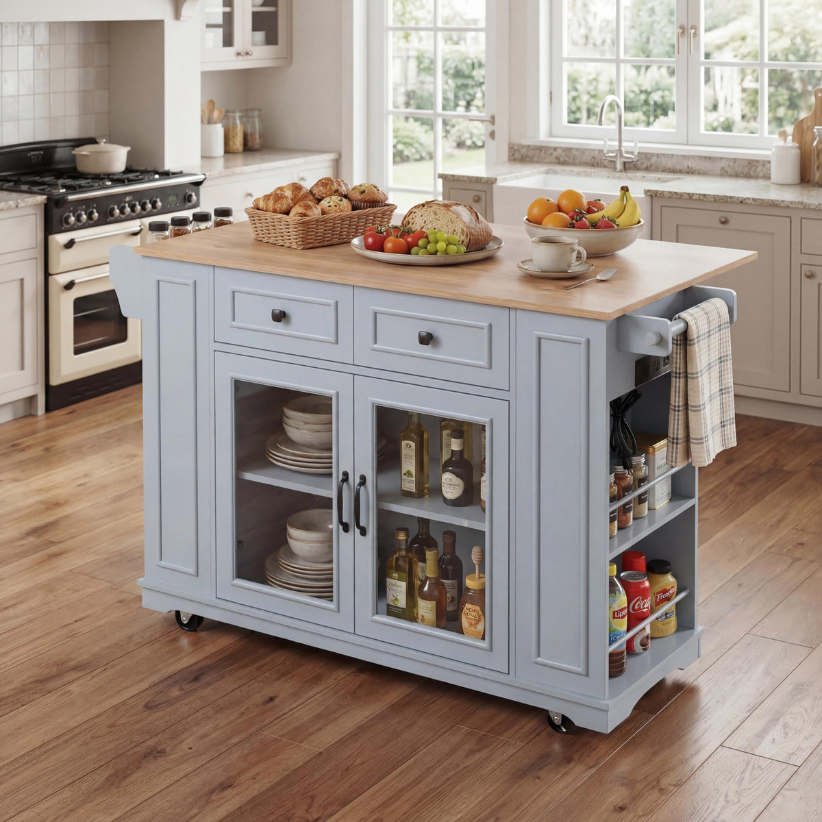 54" Mobile Kitchen Island with Glass Door Storage & Power Outlet - Black, Blue Gray, White