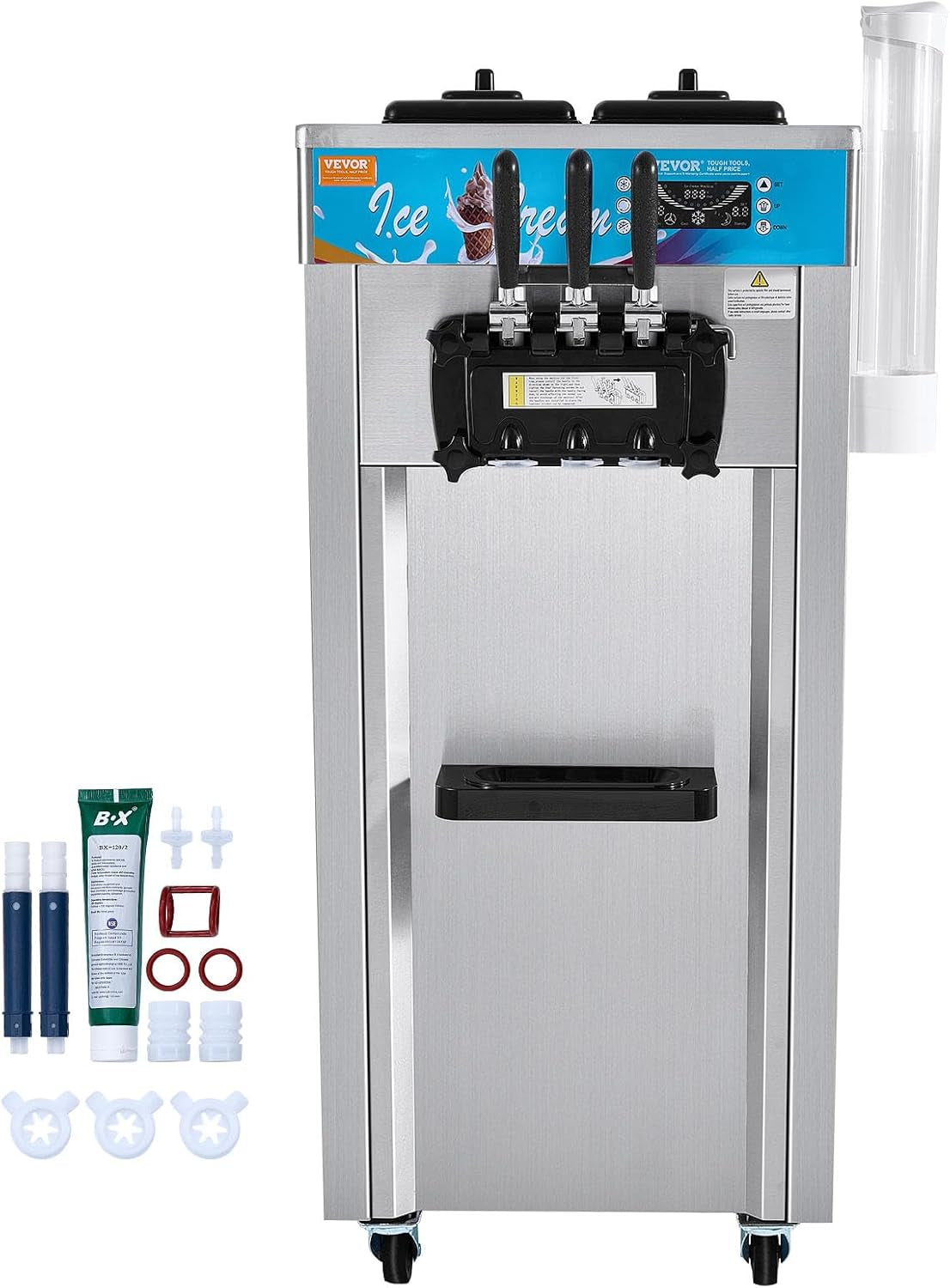 Commercial Ice Cream Machine, 21-31 L/H Yield, 1800W 3-Flavor Freestanding Soft Serve Ice Cream Maker, 2 X 5.5L Stainless Steel Cylinder, LED Panel Auto Clean Pre-Cooling, for Restaurant Bars