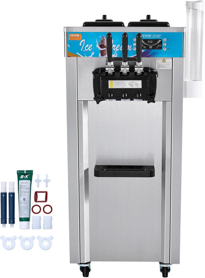 Commercial Ice Cream Machine, 21-31 L/H Yield, 1800W 3-Flavor Freestanding Soft Serve Ice Cream Maker, 2 X 5.5L Stainless Steel Cylinder, LED Panel Auto Clean Pre-Cooling, for Restaurant Bars