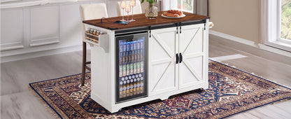 72" Farmhouse Kitchen Island with Fridge Storage and Power Outlets - Imitation Wood Grain