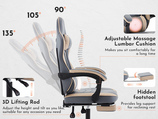Ergonomic Gaming Chair with Massage Lumbar Support & Footrest