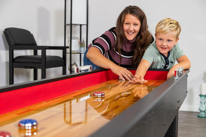 Avenger 9-Foot Shuffleboard Table for Family Game Rooms – Poly-Coated Playfield, Integrated Scoring System, Carpeted Gutters, Includes 8 Pucks, Brush, and Wax – Black Finish