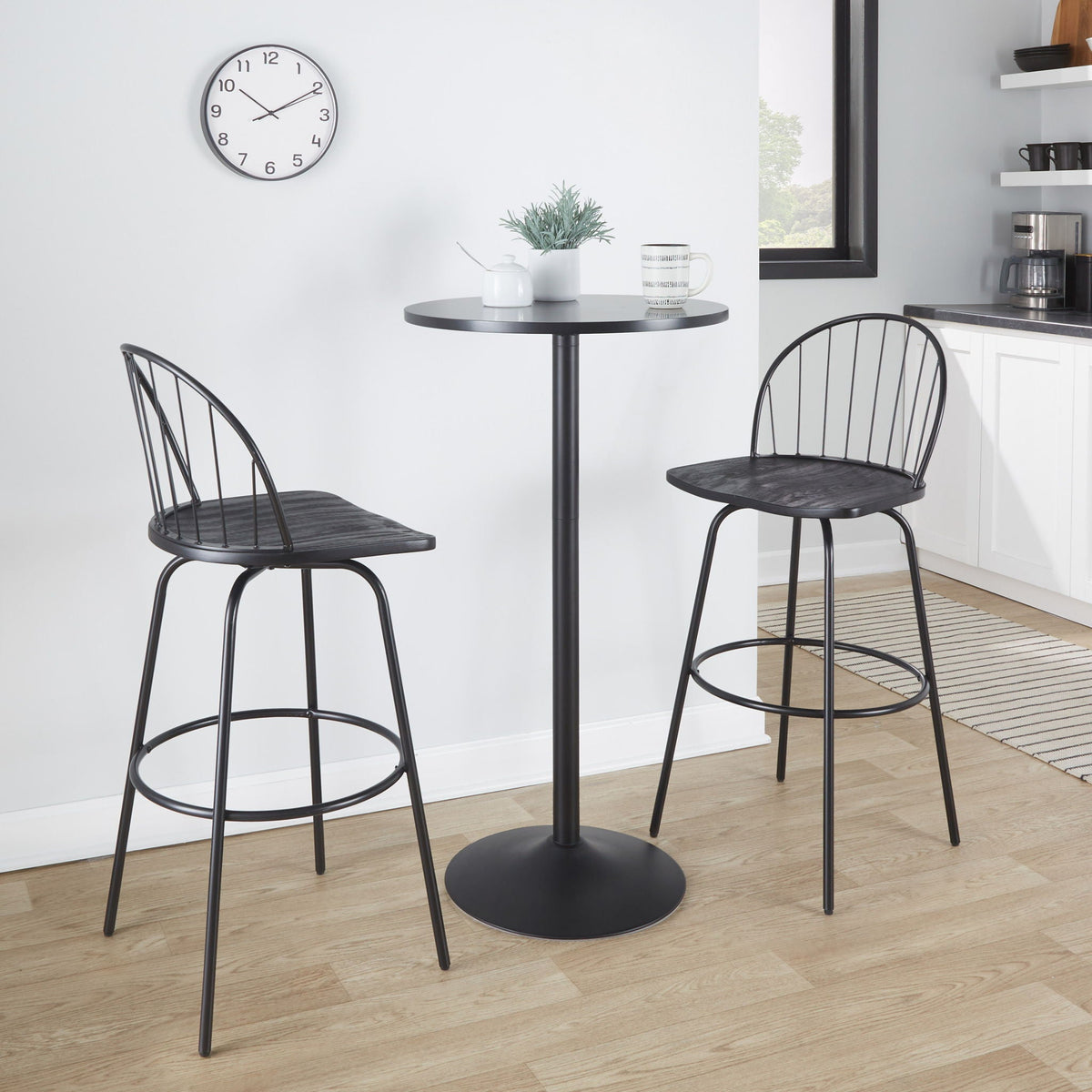 Farmhouse Barstool Set with Swivel and Round Footrest - Black or Dark Brown