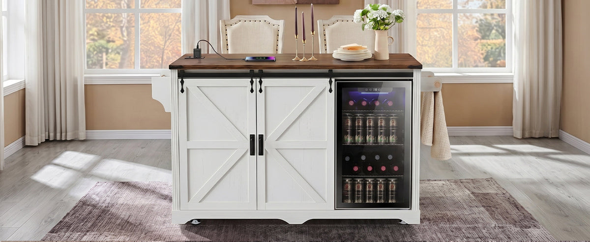 72" Farmhouse Kitchen Island with Fridge Storage and Power Outlets - Imitation Wood Grain