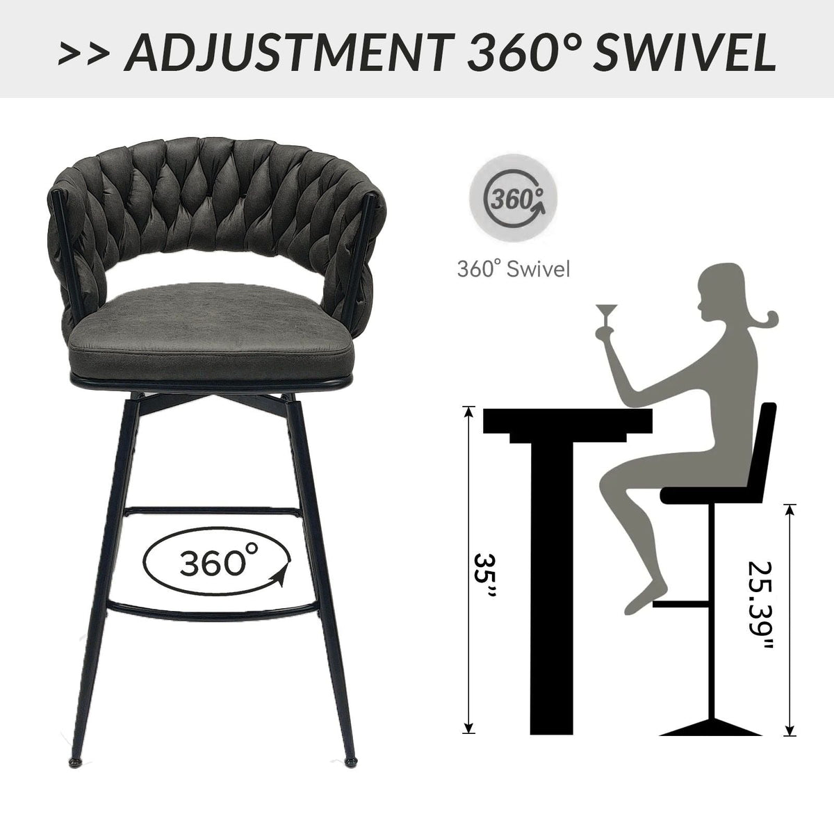 Bar Stool 360 Swivel with Back Footrest - Upholstered, Set of 2