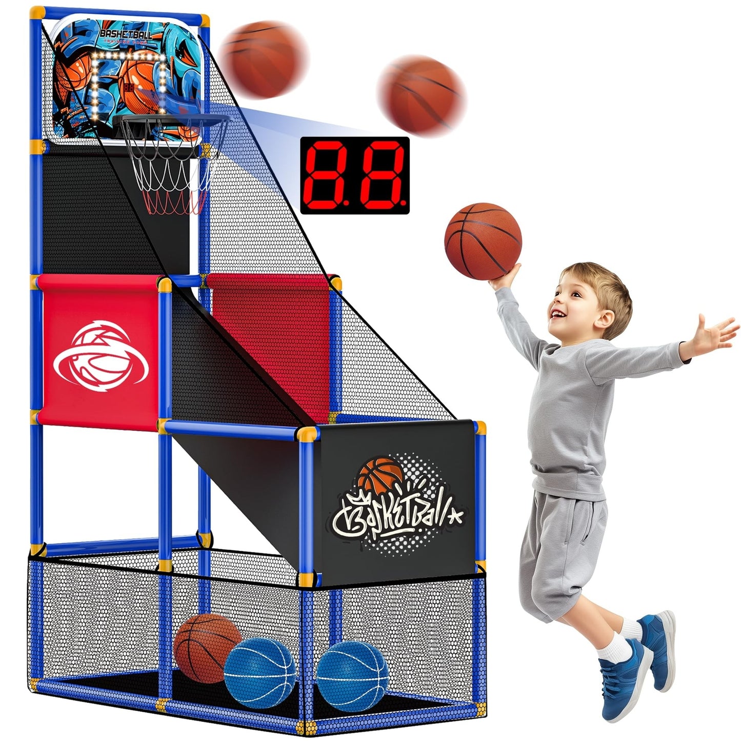 Kids Arcade Basketball Hoop with 4 Balls, Indoor Outdoor Single Shot Basketba...