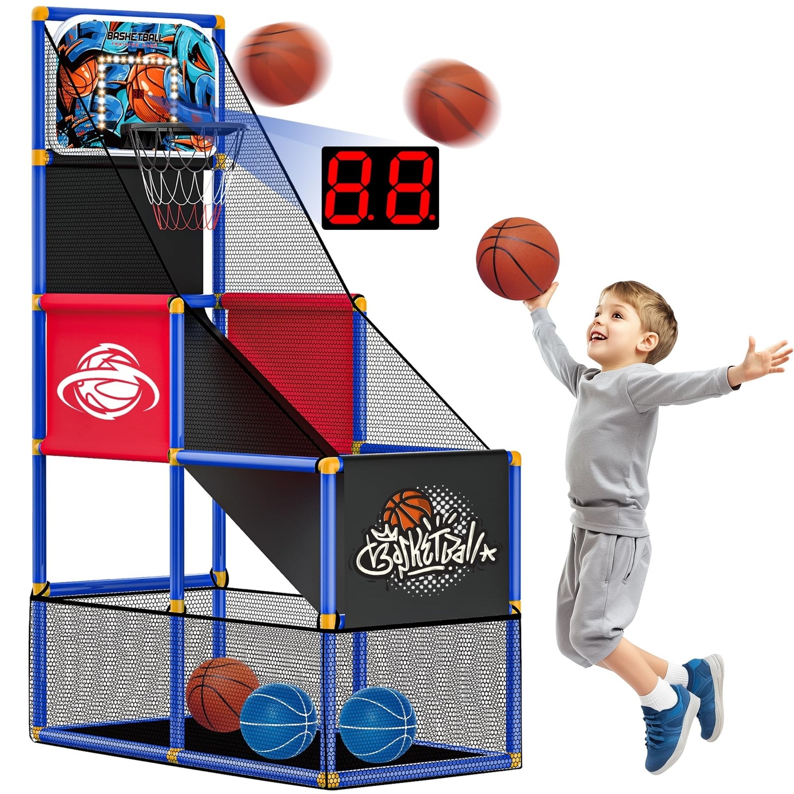Kids Arcade Basketball Hoop with 4 Balls, Indoor Outdoor Single Shot Basketba...
