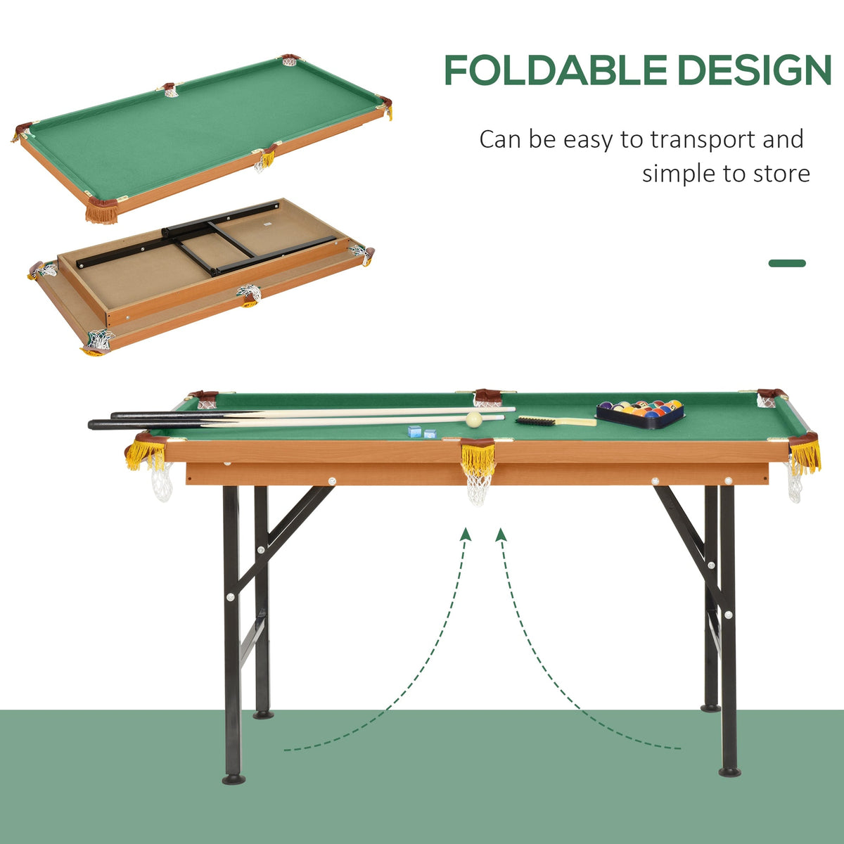55 Portable Folding Billiards Table Game Pool Table for Whole Family Number Use With Cues, Ball, Rack, Green