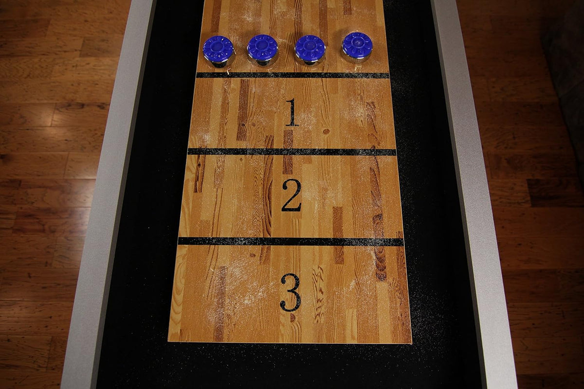 9-Foot LED Shuffleboard Table with Poly-Coated Surface for Enhanced Puck Performance and Adjustable Pedestal Legs for Optimal Stability