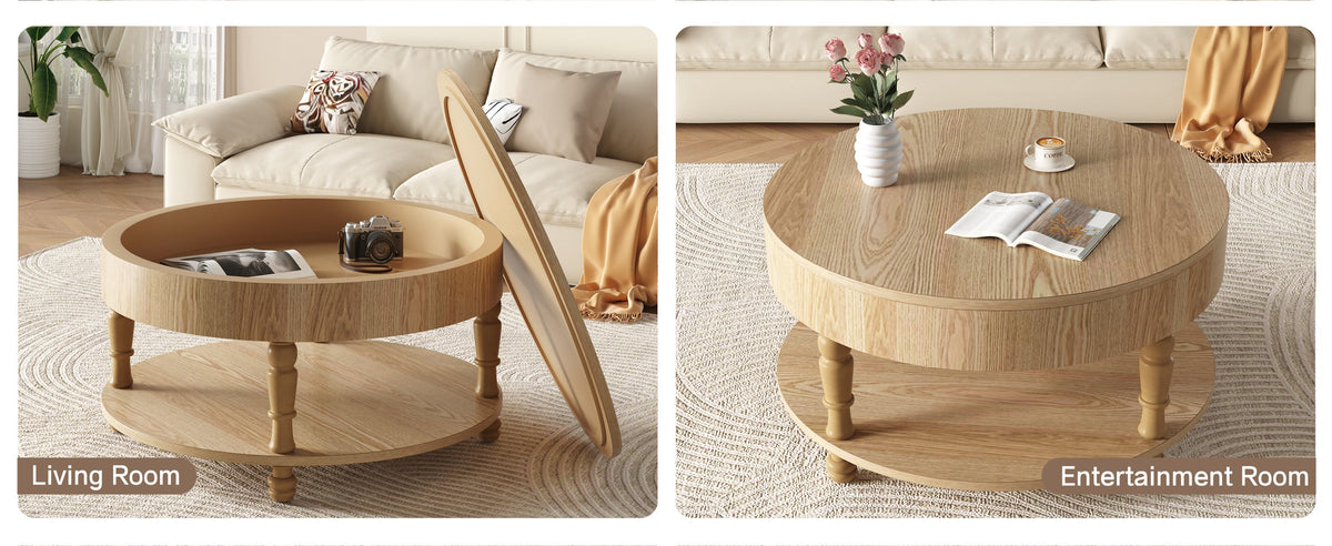 Round Coffee Activity Table with Dual Storage - Natural Wood, 31.5"