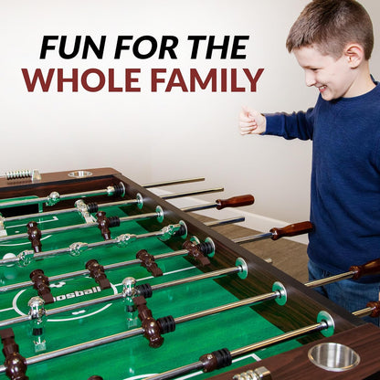Primo 56-In Foosball Table for Family Game Room - with Counterbalanced Players, E-Z Spin Bearings, Analog Scoring Units, Easy-Grip Handles & Adjustable Leg Levelers - Wood Grain Finish