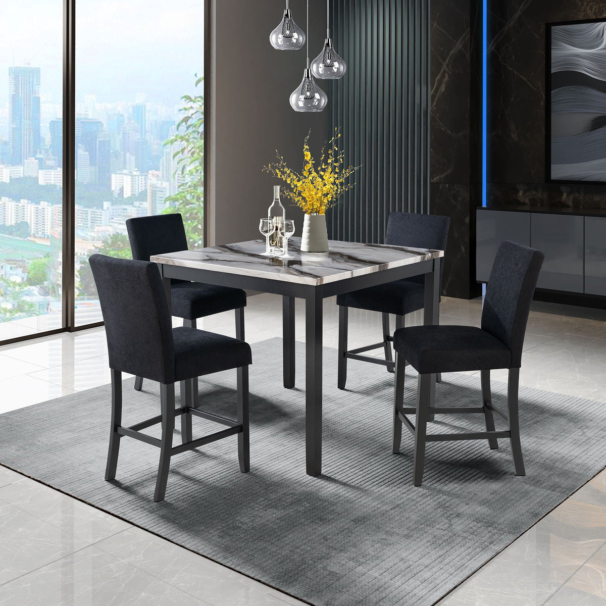 Espresso Bar Table And 4 Bar Stools Set with Velvet-Like Upholstery - Espresso / White