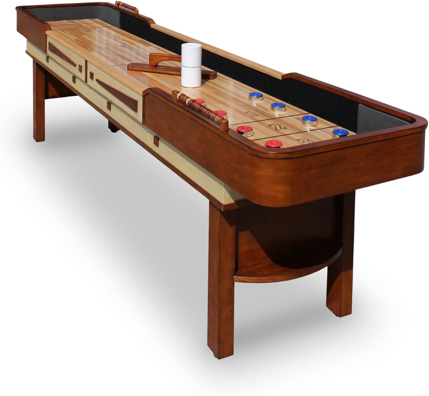 Merlot 12 Foot Shuffleboard Table for Family Game Room - with Lacquer Coated Playfield, Built-In Scorer and Cabinet, Climate Adjusters, Leg Levelers, 8 Pucks, Brush, and Wax - Walnut Finish