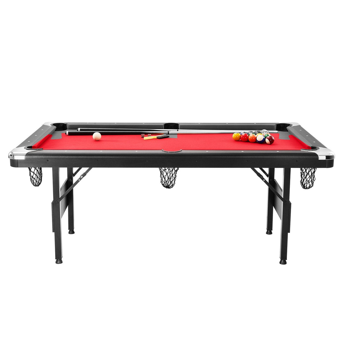 Billiards Table, 6.3 Ft Pool Table, Portable Foldable Space-Saving Table, Billiard Table Set Includes Balls, Cues, Chalks And Brush, Black With Red Cloth, Perfect For Family Game Room Kid Adult