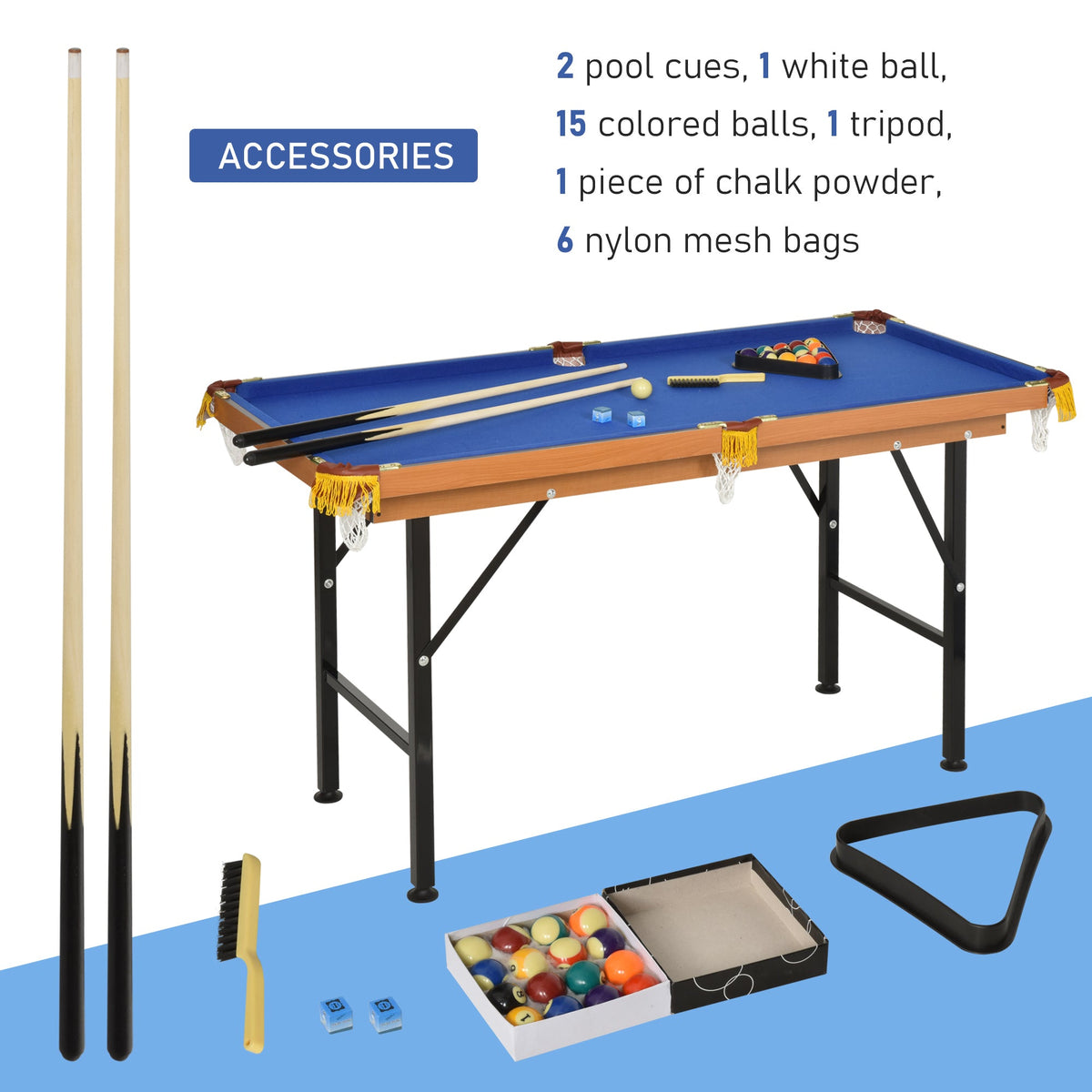 55" Portable Folding Billiards Table Game Pool Table for Whole Family Number Use With Cues, Ball, Rack, Chalk, Blue