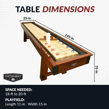 Cheyenne 12 Ft Shuffleboard Table for Family Arcade Game Room - with Poly-Coated Playfield, Built-In Scorer & Cabinet, Climate Adjusters, Leg Levelers, 8 Pucks, Brush & Wax – Rustic Oak