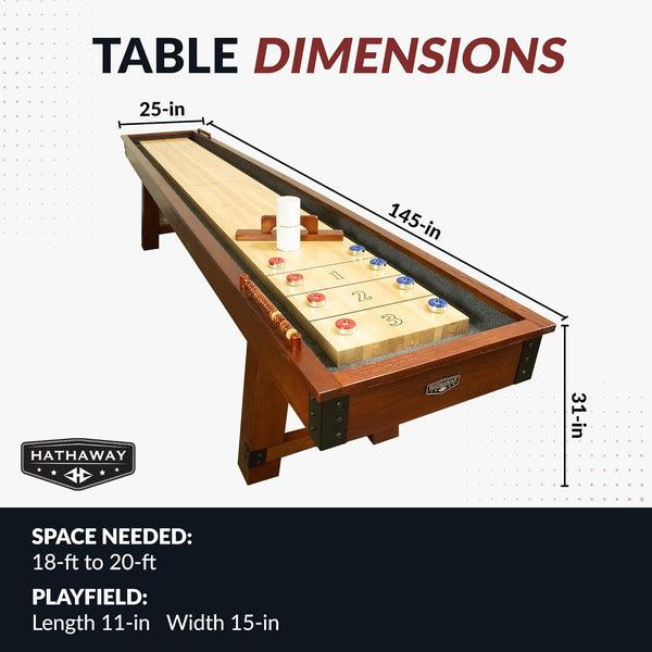 Elevate Your Game Room with the Cheyenne 12 Ft Shuffleboard Table - Complete Set with Pro Features and Rustic Oak Finish