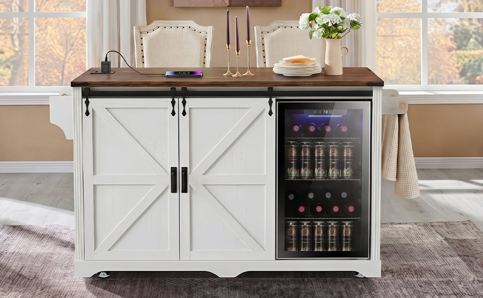 72" Farmhouse Kitchen Island with Fridge Storage and Power Outlets - Imitation Wood Grain