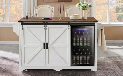 72" Farmhouse Kitchen Island with Fridge Storage and Power Outlets - Imitation Wood Grain