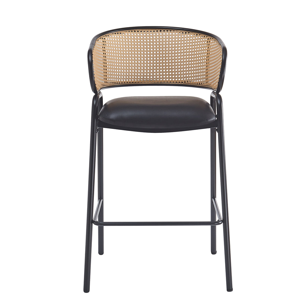 Ethan Indoor Metal Upholstered Barstool Set of 2 with Faux Leather & Rattan - Multi