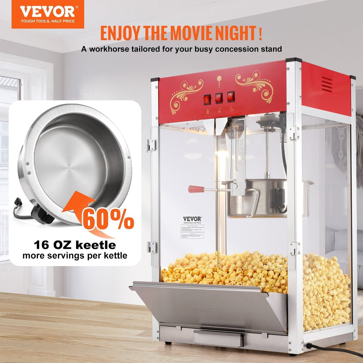 Popcorn Maker, 1615W Popcorn Popper Machine, 16 Oz Kettle Large Capacity Countertop Popcorn Maker with Tempered Glass, Includes 3 Stainless Steel Scoops, Movie Theater Style, Red