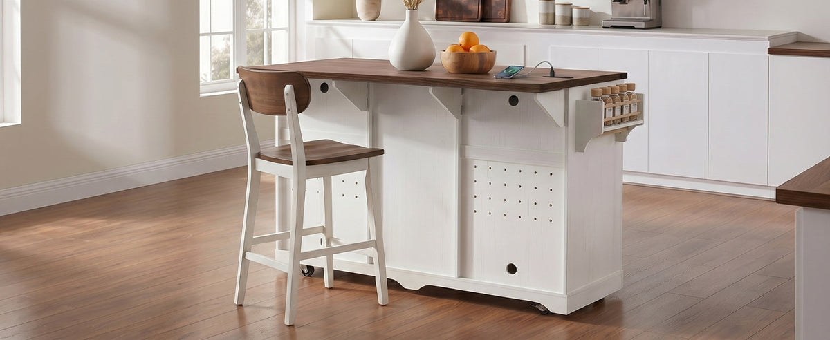 72" Farmhouse Kitchen Island with Fridge Storage and Power Outlets - Imitation Wood Grain